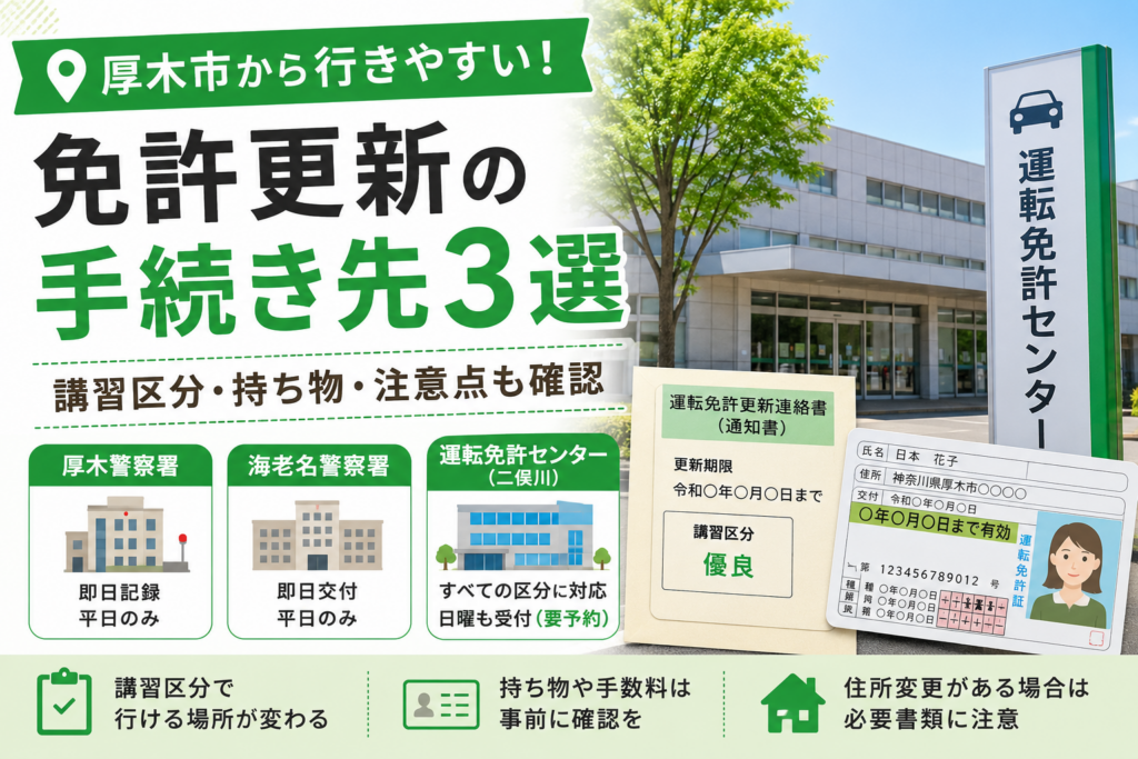 【厚木市】免許更新の手続き先3か所|講習区分・受付日・持ち物