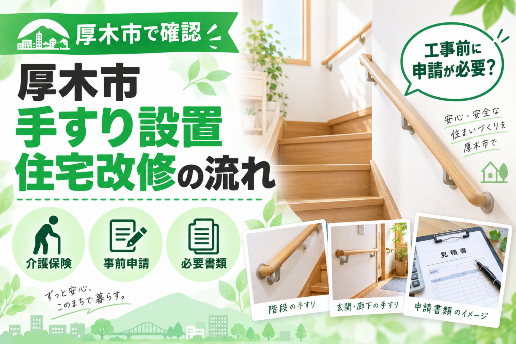 厚木市で家に手すりを付けたいと思ったとき、業者にすぐ頼んでいいのか、先に確認しておくことがあるのか、迷う方は多いのではないでしょうか。 『あつぎロケーション』のさくらこです。厚木市で家のことを調べるときは、まず制度が関わりそうかどうかを先に見るようにしています。 この記事では、介護保険の住宅改修と手すりの関係、対象になる工事、申請の流れ、必要書類を、工事を頼む前に確認したい順番で整理します。 手すりを付ける前に確認したいこと 先日、友人から「実家の階段に手すりを付けたいけれど、業者に頼めばいいのか、先に何か手続きがあるのか分からない」と相談されました。 調べてみると、手すりの取り付けには介護保険の住宅改修だけでなく、市独自の助成や自費で進める場合もあり、道が一つではないと分かりました。 介護保険の住宅改修と手すりの関係 介護保険の住宅改修は、要介護認定や要支援認定を受けている方が、自宅に手すりなどを付けるときに費用の一部が支給される制度です。 対象になるかどうかは認定の有無によって変わるため、まず認定を受けているかどうかを先に確認することが、遠回りをしない近道だと感じています。 支給限度基準額は住宅につき原則二十万円で、その中から負担割合証に応じた一から三割を自己負担する仕組みです。 介護認定がない場合に使える助成 厚木市内に住所を有する七十五歳以上の方で、日常生活の動作に困難があり住宅改修が必要と認められる場合などに利用できる、セーフティ住宅支援事業という別の助成もあります。 消費税相当額を除く対象工事費の二分の一以内、上限三万円までの助成で、市内の工務店などによる工事が対象になり、利用できるのは一人一回までです。 こちらも介護保険の住宅改修と同じく、契約や工事を始める前の事前申請が欠かせません。 対象になる工事と対象にならない工事 介護保険の住宅改修には、対象になる工事の種類があらかじめ決まっています。手すりの取り付けもそのひとつです。 手すりの取り付け 段差の解消 床や通路面の滑り止め 開き戸から引き戸などへの取り替え 和式便器から洋式便器への取り替え これらに付帯して必要になる工事 新築や増改築の工事は対象に含まれないため、手すりの取り付けと合わせて大きな工事を考えている場合は、範囲の切り分けを確認しておくと安心です。 玄関や階段で変わる手すりの位置 手すりは玄関、階段、廊下、トイレ、浴室など、家の中のいろいろな場所に付けられています。 どこにどんな手すりが合うかは体の状態によって変わるため、この記事では判断せず、場所ごとに何を確認しておきたいかだけを整理します。 気になる場所が複数ある場合は、思いつくままに業者へ伝えるのではなく、優先順位をメモしておくと相談がスムーズになります。 工事を始める前に確認したい手続き 介護保険の住宅改修は、着工後の相談は原則、給付の対象外になります。工事を頼む順番を間違えないようにしたいところです。 退院してすぐの生活に手すりが要るなど、やむを得ない事情がある場合は例外的な扱いが案内されているため、心当たりがあれば早めに相談してください。 STEP認定を確認する まず自分や家族が要介護認定か要支援認定を受けているかを確認します。 STEPケアマネジャーに相談する 認定を受けている場合は、担当のケアマネジャーに手すりを付けたいことを伝えます。 STEP理由書と申請書類を用意する ケアマネジャーなどに理由書を作成してもらい、支給申請書や見積書などをそろえます。 STEP市へ事前申請する 着工する前に、必要な書類をそろえて厚木市の窓口へ申請します。 着工前の確認、忘れずにしてくださいね 着工前に見積もりと書類を用意 着工前の申請では、理由書や見積書などいくつかの書類をそろえて出すことになります。 住宅改修費支給申請書 介護保険の住宅改修を申請するための書類です。 住宅改修が必要な理由書 ケアマネジャーや作業療法士などに作成してもらう書類です。 理由書作成者の資格証明書の写し 理由書を書いた人の資格が分かる書類の写しです。 業者の見積書 工事の内容と金額が分かる見積書を用意します。 改修前の日付入り写真 工事をする場所を、日付が分かるように撮影しておきます。 住宅所有者の承諾書 住宅の所有者と利用者が違う場合に必要になる書類です。 受領委任払いに関する誓約書 受領委任払いを選ぶ場合に必要になる書類です。 被保険者証と負担割合証の写し 書類で対象者が分かる場合は、添付が不要になることもあります。 そろえる書類は状況によって変わることがあるため、準備の前に一度、厚木市介護福祉課の窓口へ確認しておくと迷いません。 自費で手すりを付ける場合との違い 介護保険もセーフティ住宅支援事業も使わず自費で手すりを付ける場合は、市への事前申請は必要なく、業者と直接相談して進められます。 ただし自費の場合でも、賃貸であれば住宅の所有者への確認が要ることがあるため、進め方がまったく別物というわけではありません。 賃貸住宅で手すりを付けるときの注意 賃貸住宅で手すりを付ける場合、介護保険の住宅改修を利用するときは、住宅の所有者と利用者が違うと承諾書の提出が必要になります。 自費で頼む場合も、壁に穴を開けるかどうかなど工事の内容によっては、大家さんや管理会社への確認が先に必要になることがあります。 工事後の手続きで迷いやすい点 工事が終わったあとも、市への手続きはそこで終わりではありません。完了届や領収書の原本などを提出し、市の審査を経て支給が決まります。 提出するもの内容完了届工事が終わったことを市へ知らせる書類です。領収書の原本実際に支払った金額が分かるものです。工事内訳書どんな工事にいくらかかったかが分かる書類です。改修後の日付入り写真工事が終わった状態が日付付きで分かる写真です。被保険者証などの写し書類で対象者が分かる場合は、提出が不要になることもあります。 審査には一から二週間ほどかかることがあるため、支給が決まるまで少し時間をみておくと安心です。 公式情報を確認してから決めること 制度の内容や必要書類は見直されることがあるため、この記事の内容も、実際に動く前に厚木市の公式ページや窓口で最新の情報を確認してください。 自己負担の割合も、介護保険の負担割合証によって人ごとに違うので、金額の見通しを立てるときは窓口で確認しておくと安心だと思います。 今日から手すりを考えたい人へ 今日、家の中で手すりがあったら助かりそうな場所を、ひとつだけ思い浮かべてみてください。それだけで次に確認することが見えてきます。 わたし自身、旦那さんと二人でこの先の暮らしを考えたとき、制度が関わるかどうかを先に見ておくと、あとで慌てずに済むと感じています。 気になる場所が決まったら、メモに残して、担当のケアマネジャーや、平日の厚木市介護福祉課へ相談してみてくださいね。