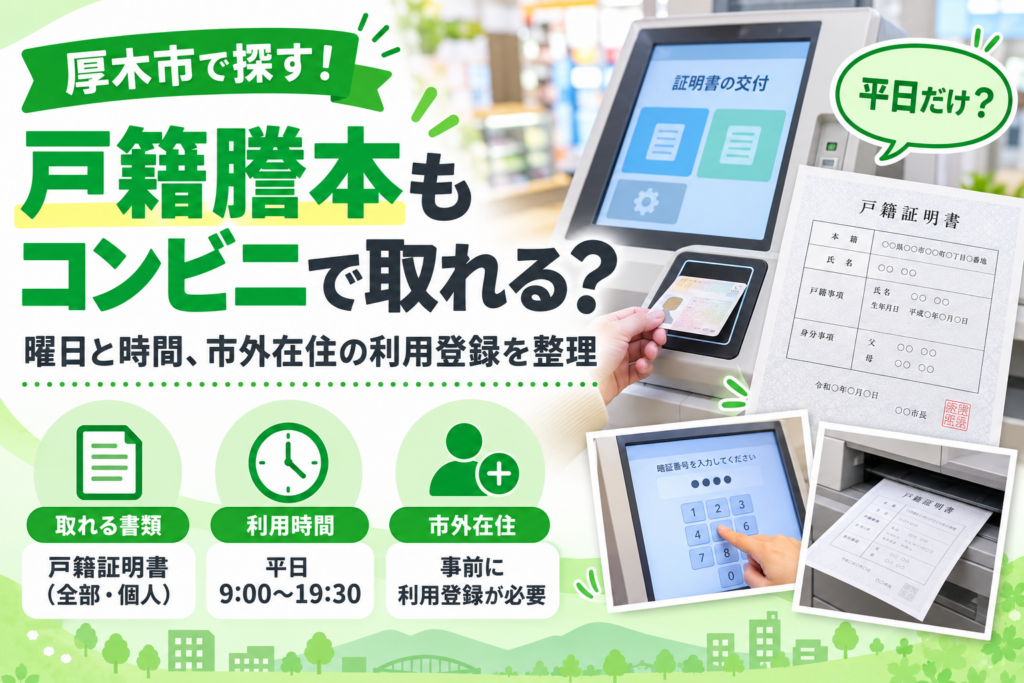 戸籍謄本もコンビニで取れる？曜日と時間、市外在住の利用登録を整理した厚木市のアイキャッチ